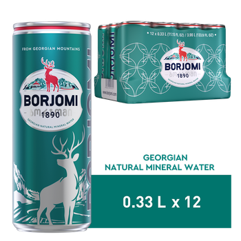 Упаковка мінеральної лікувально-столової сильногазованої води "Borjomi" 0,33 х 12 банок