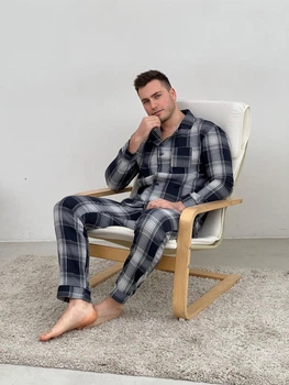 Мужская фланелевая пижама COSY с рубашкой на пуговицах XL в сине-серую клетку (P-F106P)