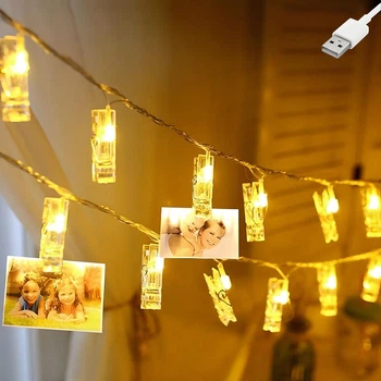 Светодиодная гирлянда "Прищепки для фото", 10 LED, 4м, на батарейках и USB, статический режим, Теплый белый
