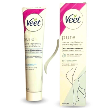 Женский крем Veet для депиляции волос на чувствительных участках тела и зоны бикини 200 мл. с лопаткой в наборе Veet Crema Pure depilatotia