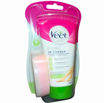 Жіночий крем Veet депіляція волосся в душі для сухої шкіри з олією ши та ароматом лілії з мочалкою у наборі 150 мл Veet Creme PURE Dusch