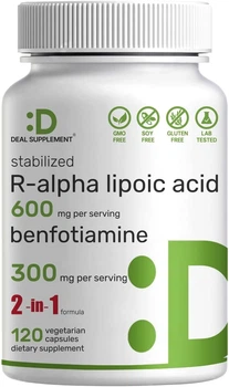 Альфа-липоевая кислота с бенфотиамином премиум-класса Deal Supplement Alpha Lipoic Acid 600mg with Benfotiamine 300mg 120 капсул