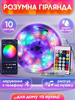 Розумна led світлодіодна rgb гірлянда роса блютуз новорічна smart багатобарвна діодна стрічка підсвічування 10 метрів нитка крапля роси РГБ музична з bluetooth додатком водостійка від USB мікрофоном та пультом(El_0b072)