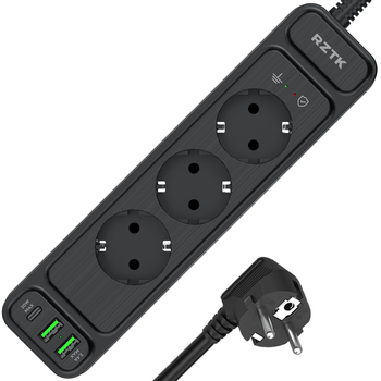 Сетевой фильтр-удлинитель RZTK Power Strip Pro 3 + 2 USB-A + USB-С (PD20W) Black