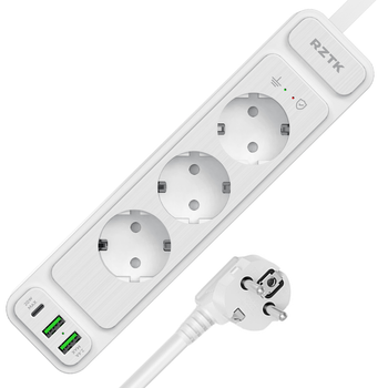 Сетевой фильтр-удлинитель RZTK Power Strip Pro 3 + 2 USB-A + USB-С (PD20W) White