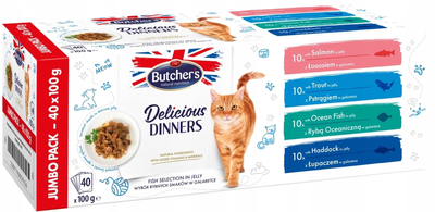 Упаковка вологого корму для дорослих котів Butcher's Delicious Dinners Cat jumbo pack Mix смаків з рибою в желе 100 г x 40 шт (5011792009626)