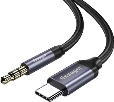 Аудио-переходник Type-C to AUX Mini-Jack 3.5 mm Essager для iOS устройств iPhone 15/15 Pro/15 Plus/15 Pro Max16/16 Plus/16 Pro Max, Android устройств Xiaomi, Meizu, Samsung, Huawei, Oppo, Vivo, LG 1М Кабель Аукс на Тайп-С ( USB-C) Black-Grey