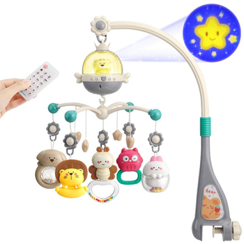 Музыкальный мобиль на кроватку Baby Bell Bear 3 в 1 с белым шумом и Bluetooth подключением к телефону серый