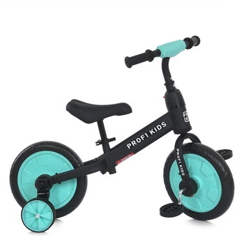 Велосипед-беговел (велобег) PROFI KIDS MBB 1012-1 с пено колесами EVA 12" и дополнительными колесиками, Черно-голубой