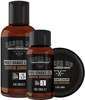 Набір для подорожей з екстрактом сандалового дерева Razor MD Travel Trio Essential Sandalwood (oil/28g + cr/56g + lot/56g)
