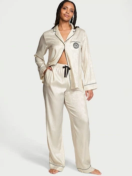 Піжама Сатинова (сорочка + штани) Victoria's Secret Satin Long Pajama Set L Regular Бежевий (26811490D)