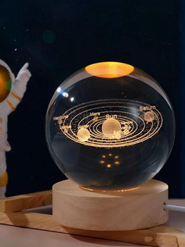 Декоративна кришталева куля 3D нічник "Сонячна Система" на дерев'яній підставці з USB живленням