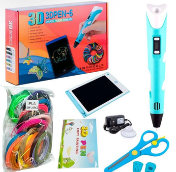 Великий набір для творчості 3Д ручка 3D Pen-6 з LCD дисплеєм, графічний планшет, 100 м пластику та трафарети в комплекті Блакитна