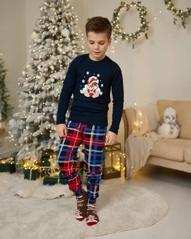 Детская пижама для мальчика с брюками - Новогодний мишка - Family look для семьи 110-116