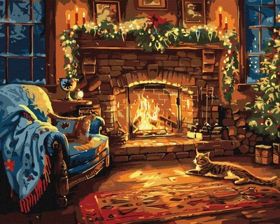 Картина за номерами Святковий камін з котиком 40х50 Ідейка (KHO6663)