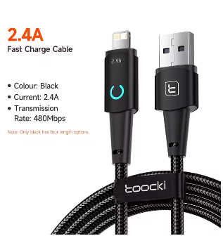 Кабель Toocki lightning USB 2.4A быстрая зарядка для iPhone 1м с LED подсветкой Черный