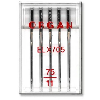 Иглы швейные хромированные ORGAN EL×705 №75 пластиковый бокс 5 штук для оверлока, распошивалки (7040)