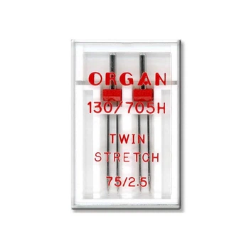 Иглы швейные двойные для трикотажа ORGAN TWIN STRETCH №75/2,5 пластиковый бокс 2 штуки для бытовых швейных машин (7025)