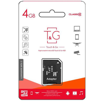 Карта памяти micro-SDHC 4Gb T&G Class 10 + адаптер SD (58667)