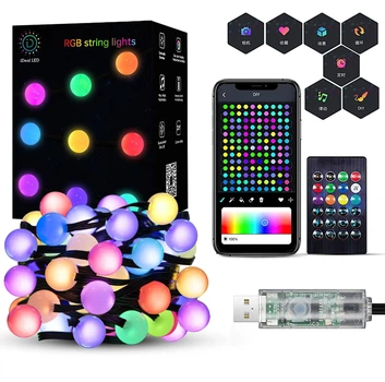 Светодиодная музыкальная смарт rgb гирлянда юсб разноцветные матовые шарики Elite Lux новогодняя smart диодная лента лампочки с Bluetooth приложением водостойкая подсветка с микррофоном USB 10 метров