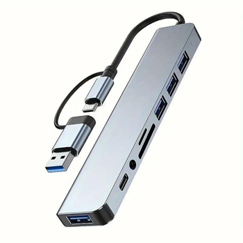 USB-хаб 3.0 Розгалужувач Type-C/ Type-A на 8 портів: 1хUSB 3.0, 3хUSB 2.0, 1хType-C Data, 1хAudio 3.5mm, SD/TF Металевий корпус, Сірий (HN90296)