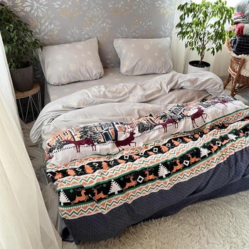 Постельное белье байка Олени Рождественские Полутораспальная 150 x 220 Белое 50 х 70