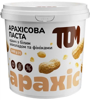 Арахісова паста TOM 1 кг кранч з фініками та білим шоколадом