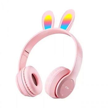 Наушники безпроводные "Заячьи ушки" Wireless P47R с подсветкой RGB Bluetooth 5.0 MP3 плеер Pink 022l