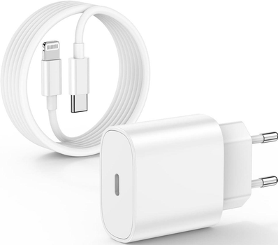 Комплект быстрой зарядки для Apple iPhone, iPad Сетевое зарядное устройство 20W USB-C Блок зарядки Type-C Power Adapter, Кабель зарядки Type-C to Lightning 1m White