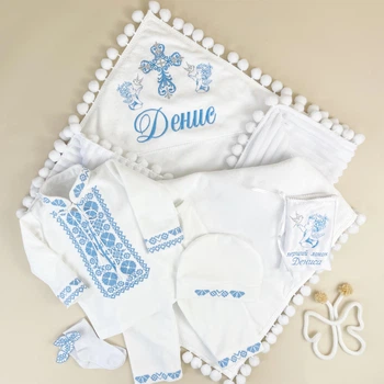 Крестильный набор для мальчика Family Tradition махра плюш велюр с вышивкой белый Ангелочки