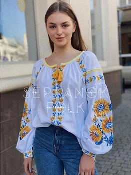 Літня вишиванка із соняхами у стилі бохо "Інга" вишита квіткова блуза біла 11867-52 (XL)