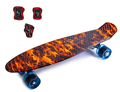 Набор СкейтБорд Penny Board. FIRE + защита на колени, локти и ладони. Колеса светятся при катании!