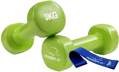 Гантели виниловые PowerPlay 4125 Achilles 3 кг 2 шт Зеленые + Резинка для фитнеса 7.5 кг (PP_4125_3kg_2in)