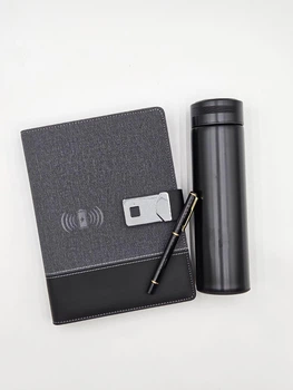 Блокнот с беспроводной зарядкой, флешкой 16 Гб и с термосом, Powerbank Темно-серый