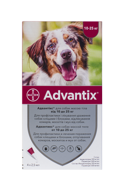 Капли Bayer Адвантикс от заражений экто паразитами для собак 10-25 кг 4 пипетки (4007221037293/4007221047247)
