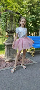 Дитяча спідниця-пачка з фатину в 6 шарів пишна пудрового кольору для дівчинки зріст 92