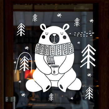 Новогодние наклейки на окна Белый медведь с чашкой елочки снежинки Happy Pocket Набор M глянцевая Белый (HP-121M-010GL)