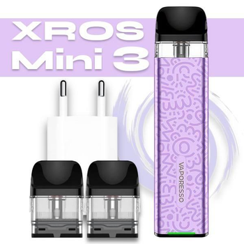 Багаторазова електронна сигарета POD система Vaporesso XROS 3 Mini Kit Lilac Purple + 2 додаткових картриджа + зарядний блок ACG