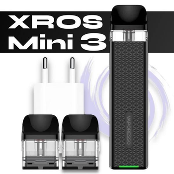 Багаторазова електронна сигарета POD система Vaporesso XROS 3 Mini Kit Dark Black + 2 додаткових картриджа + зарядний блок ACG