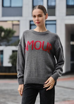 Жіноча В'язана Кофта Стаф Сіра З Надписом Оверсайз Staff Amour Gray Oversize XS-S (306203)
