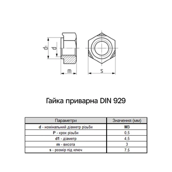Гайка приварная М3 DIN929 сталь шаг 0,5 под ключ 7,5мм без покрытия (1000 шт.) [6R00000006R0300000] Metalvis