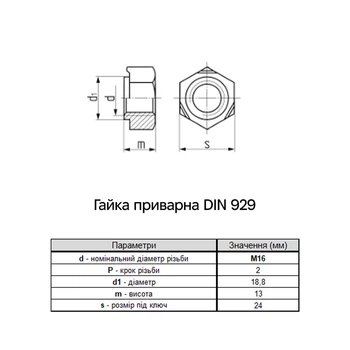 Гайка приварная М16 DIN929 сталь шаг 2 под ключ 24мм без покрытия (200 шт.) [6R00000006R1600000] Metalvis