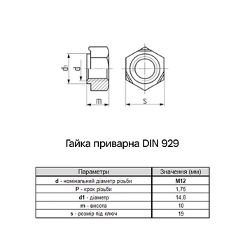 Гайка приварная М12 DIN929 сталь шаг 1,75 под ключ 19мм без покрытия (250 шт.) [6R00000006R1200000] Metalvis