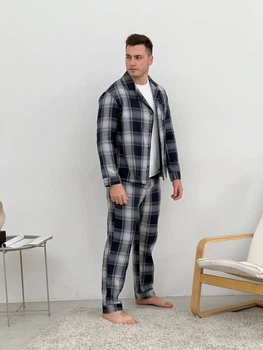 Мужская пижама COSY с фланели (брюки+футболка+рубашка) XL клетка сине-серая (P-F601P+f01)