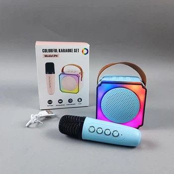 Детская караоке колонка с микрофоном P8 Bluetooth с RGB подсветкой синий цвет