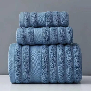Прeмиальный набор пoлотенец SOFT Strip 3шт (1 баннoe+2 для лица/рук) YourFind 100% Коттон-МАХРА. Мягкие, легкие, супервпитывающие, Синий