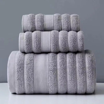 Прeмиальный набoр полотенец SOFT Strip 3шт (1 банное+2 для лицa/рук) YourFind 100% Коттон-МАХРА. Мягкие, легкие, супервпитывающие, Серый