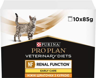 Упаковка вологого дієтичного корму для дорослих котів Purina Pro Plan Veterinary Diets NF Renal Function Early Care при патології нирок з куркою 10 x 85 г (7613287873934)