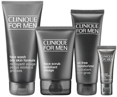 Набір для догляду за обличчям Clinique Great Skin For Him Face Wash Oily Skin Formula для чоловіків Засіб для вмивання 200 мл + Пілінг 100 мл + Крем Oil-Free зволожувальний 100 мл + Крем для шкіри навколо очей антивіковий 15 мл (192333224755)