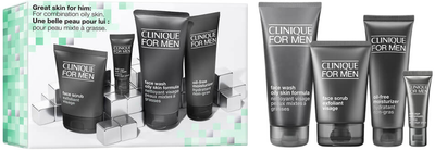 Набір для догляду за обличчям Clinique Great Skin For Him Face Wash Oily Skin Formula для чоловіків Засіб для вмивання 200 мл + Пілінг 100 мл + Крем Oil-Free зволожувальний 100 мл + Крем для шкіри навколо очей антивіковий 15 мл (192333224755)